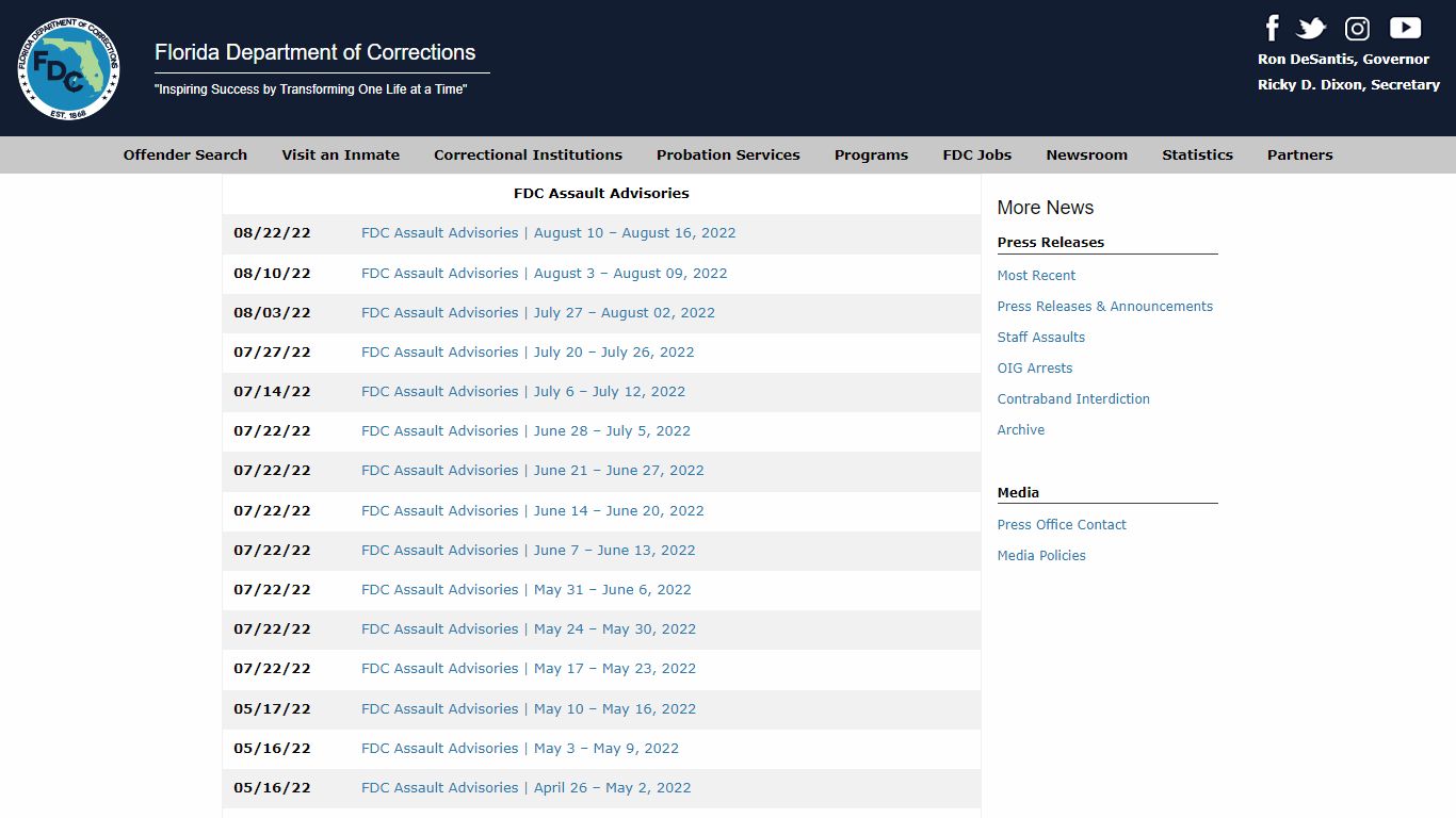 Press Releases from the Florida Department of Corrections